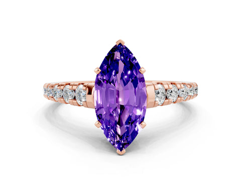 Rose gold Marquise Cut Tanzanite Solitaire Ring with Cathedral Setting and Pavé Band