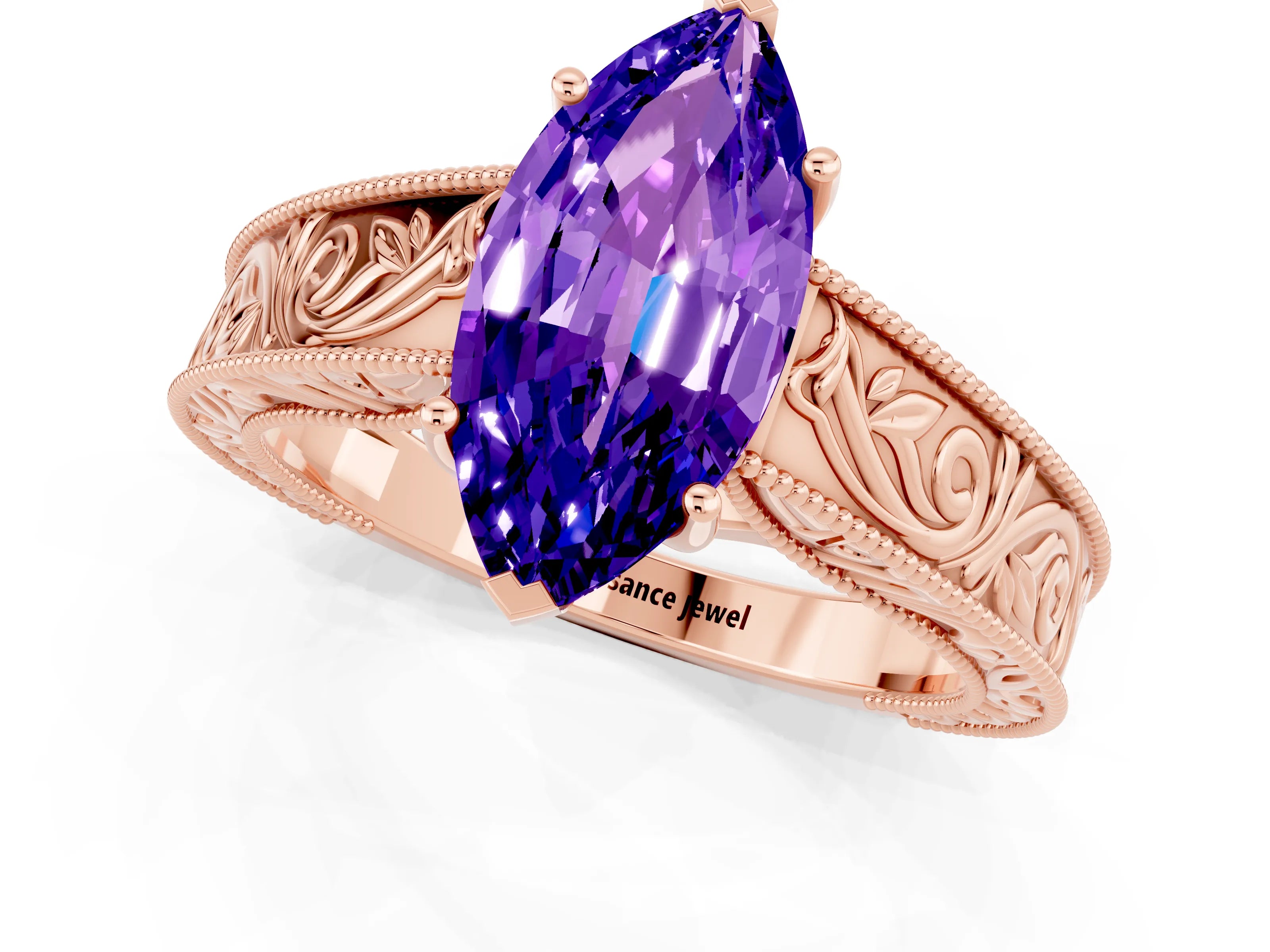 Rose gold Marquise Cut Tanzanite Solitaire Ring with Engraved Band and Four-Prong Setting_1