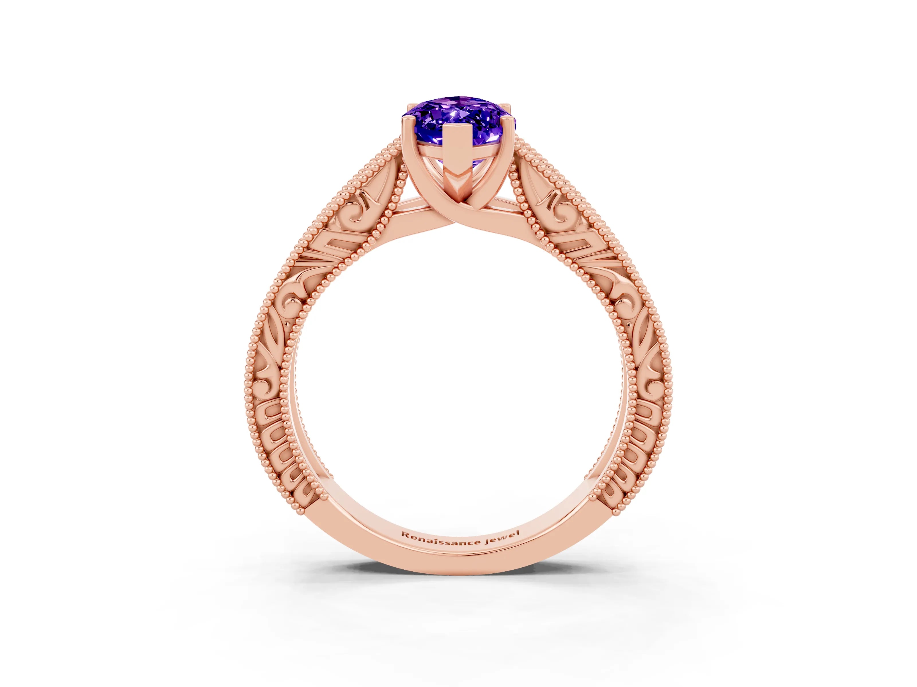 Rose gold Marquise Cut Tanzanite Solitaire Ring with Engraved Band and Four-Prong Setting_3