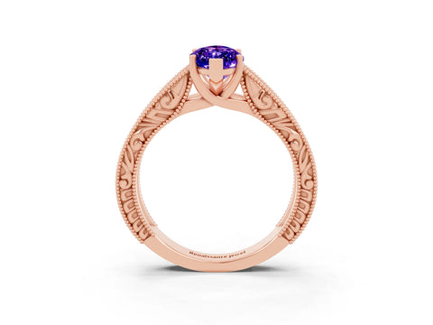 Rose gold Marquise Cut Tanzanite Solitaire Ring with Engraved Band and Four-Prong Setting_3