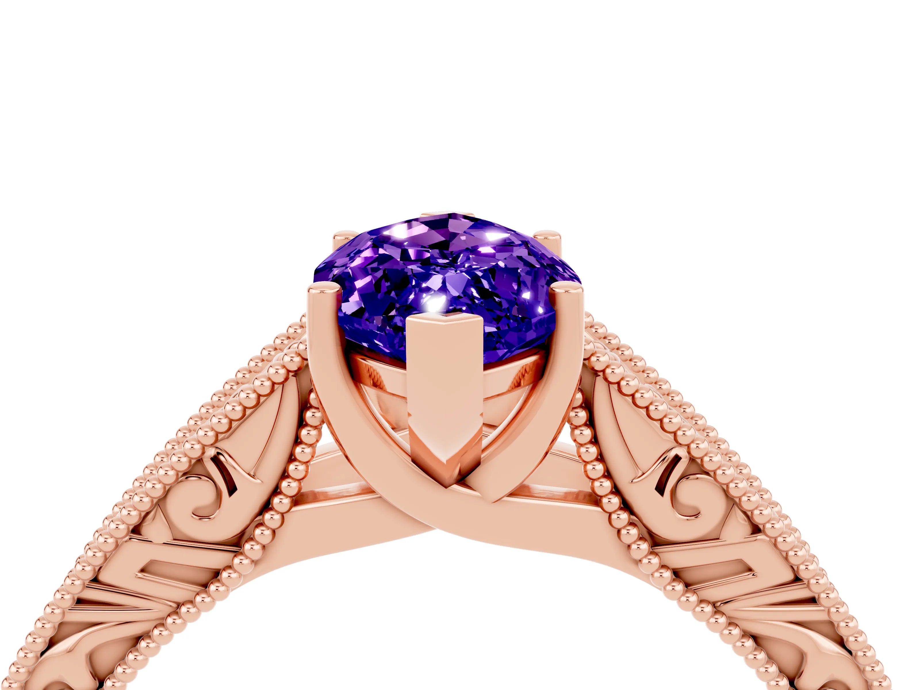 Rose gold Marquise Cut Tanzanite Solitaire Ring with Engraved Band and Four-Prong Setting_4
