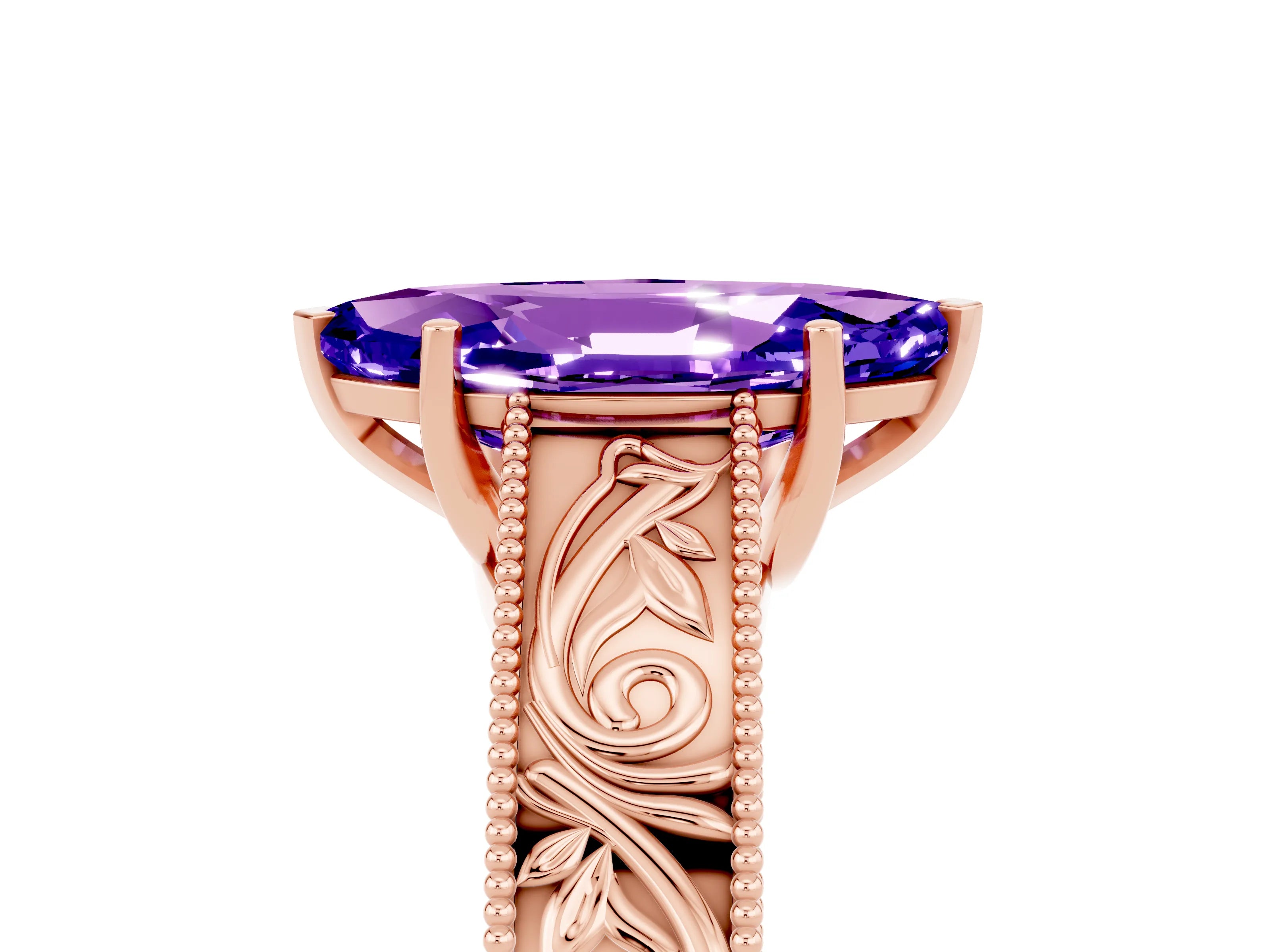 Rose gold Marquise Cut Tanzanite Solitaire Ring with Engraved Band and Four-Prong Setting_5