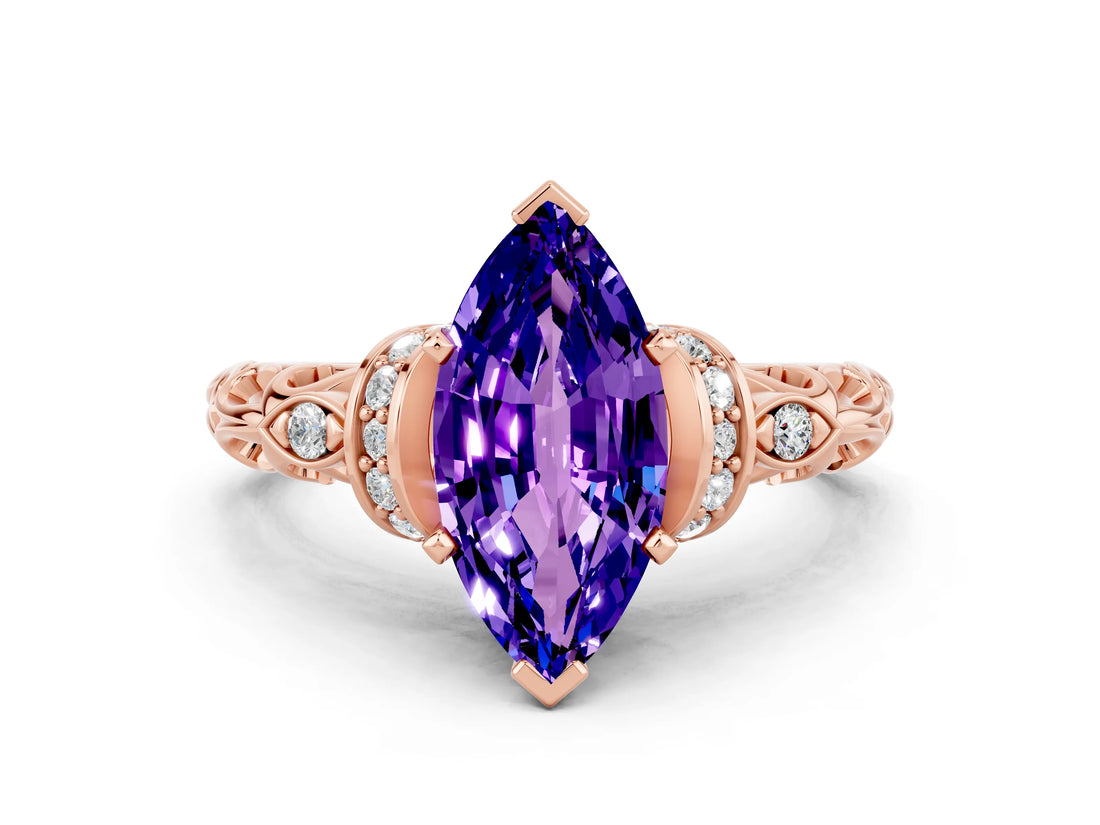 Rose gold Marquise Cut Tanzanite Solitaire Ring with Filigree Band and Four-Prong Setting_24
