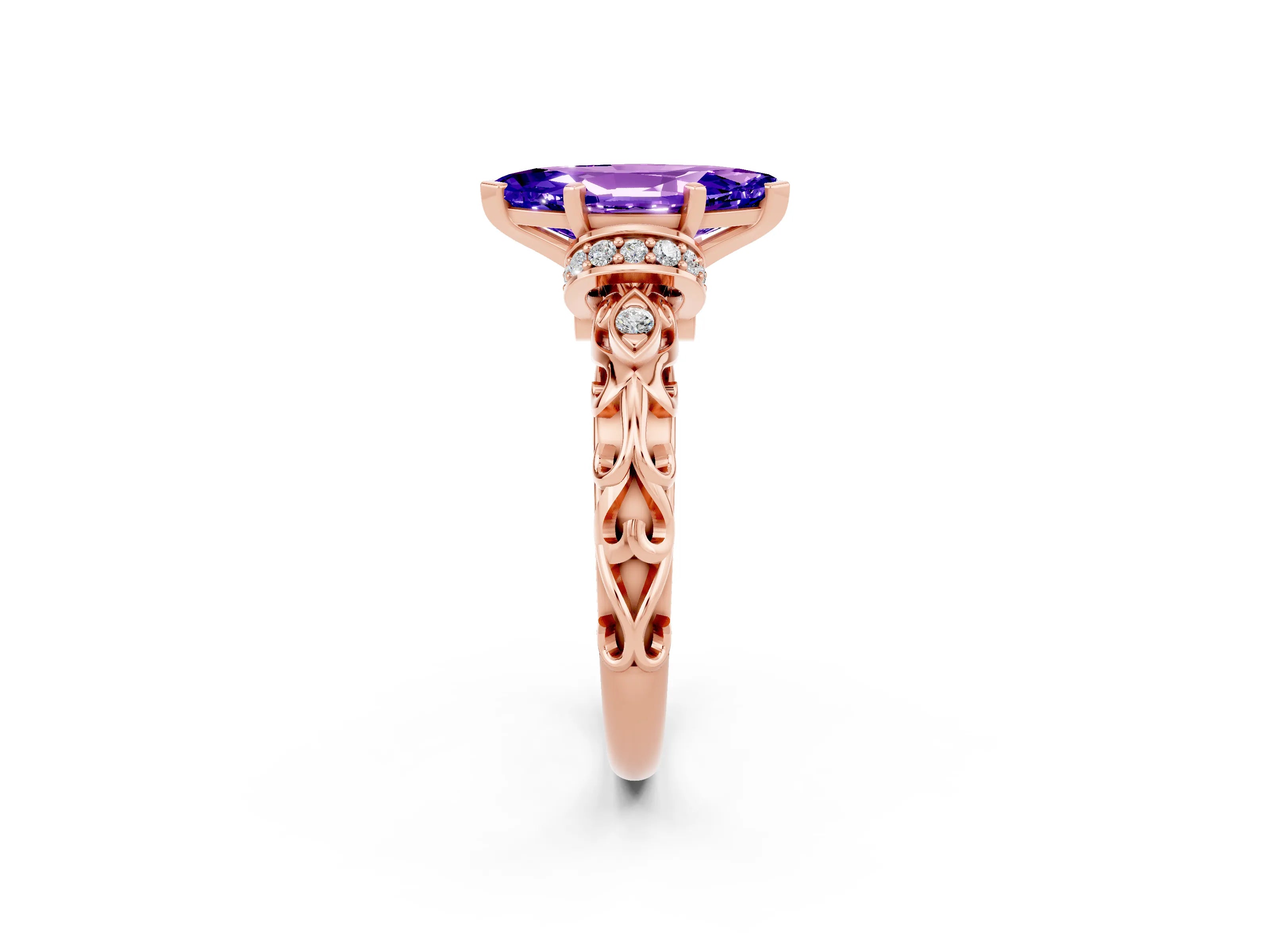 Rose gold Marquise Cut Tanzanite Solitaire Ring with Filigree Band and Four-Prong Setting_26