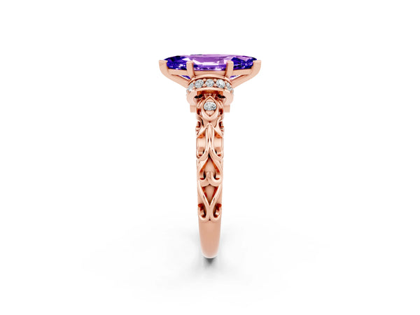 Rose gold Marquise Cut Tanzanite Solitaire Ring with Filigree Band and Four-Prong Setting