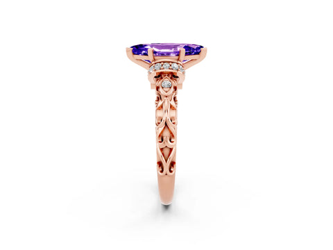 Rose gold Marquise Cut Tanzanite Solitaire Ring with Filigree Band and Four-Prong Setting_26