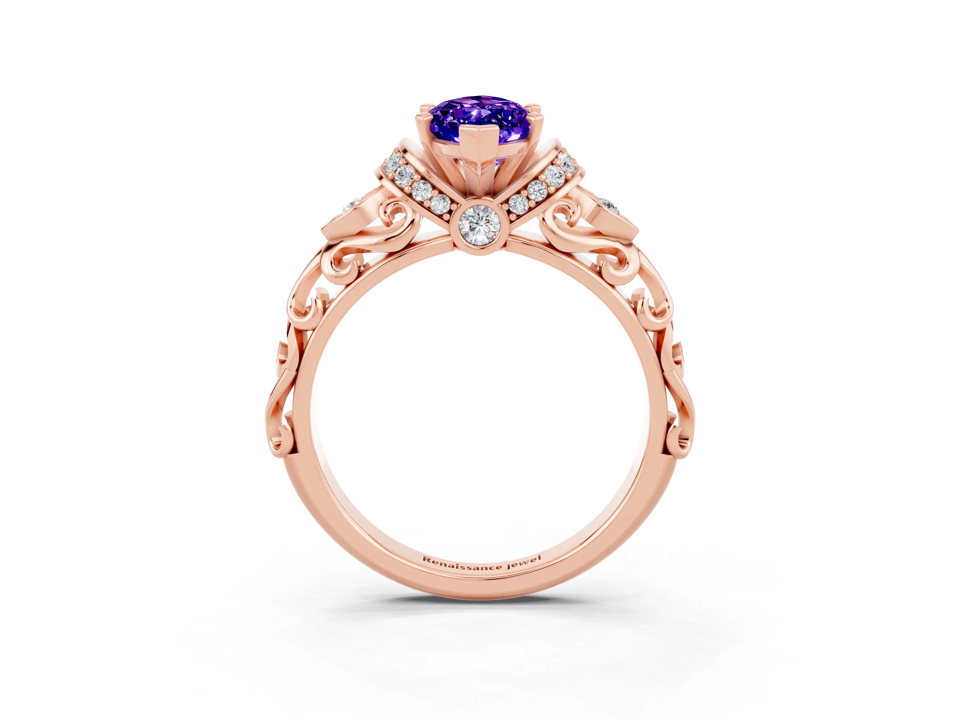 Rose gold Marquise Cut Tanzanite Solitaire Ring with Filigree Band and Four-Prong Setting_27