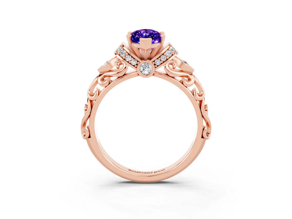 Rose gold Marquise Cut Tanzanite Solitaire Ring with Filigree Band and Four-Prong Setting