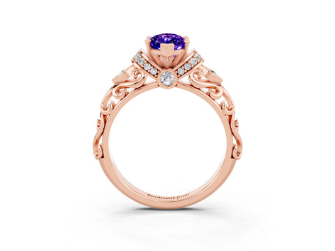 Rose gold Marquise Cut Tanzanite Solitaire Ring with Filigree Band and Four-Prong Setting_27