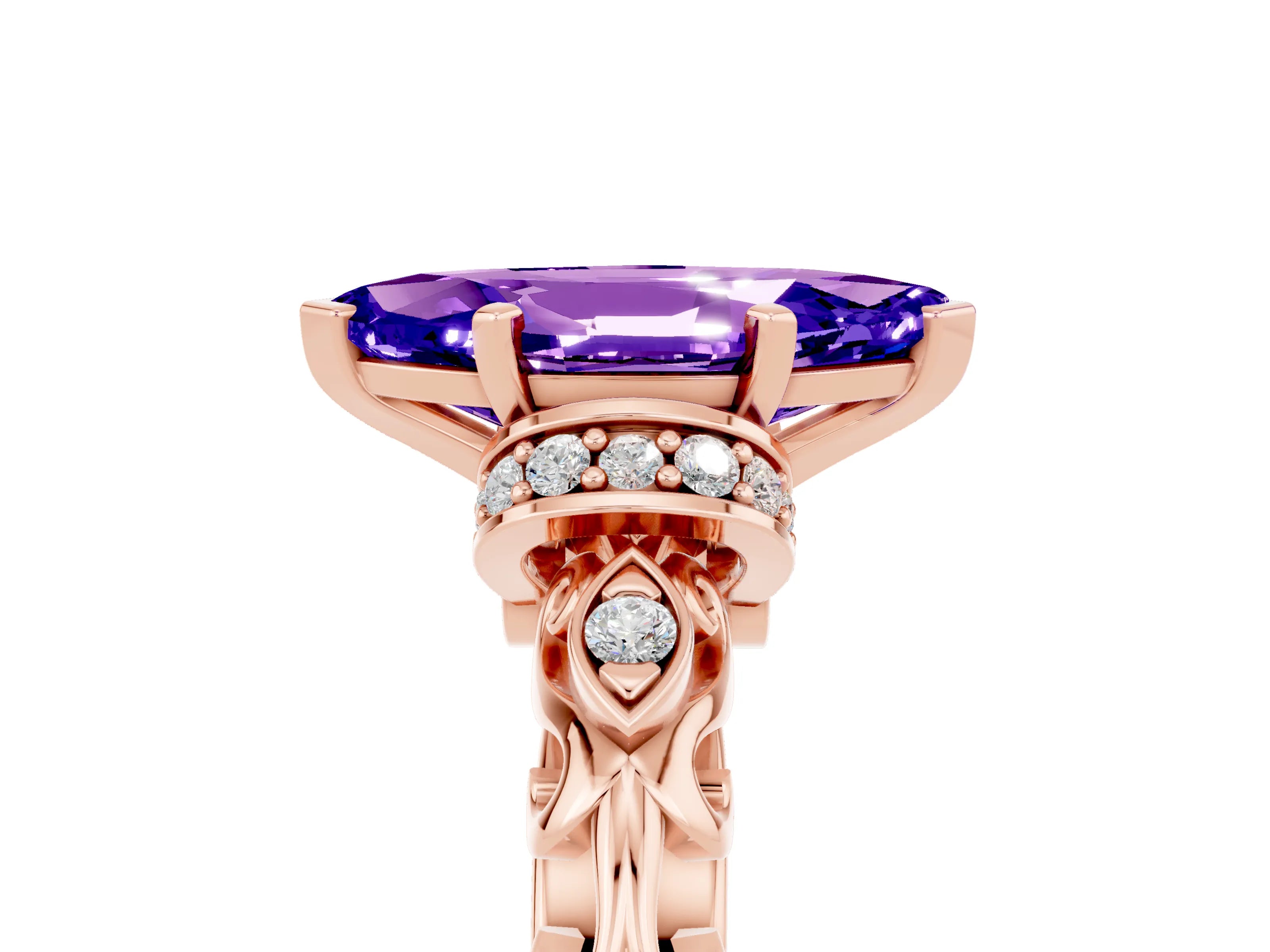 Rose gold Marquise Cut Tanzanite Solitaire Ring with Filigree Band and Four-Prong Setting_29