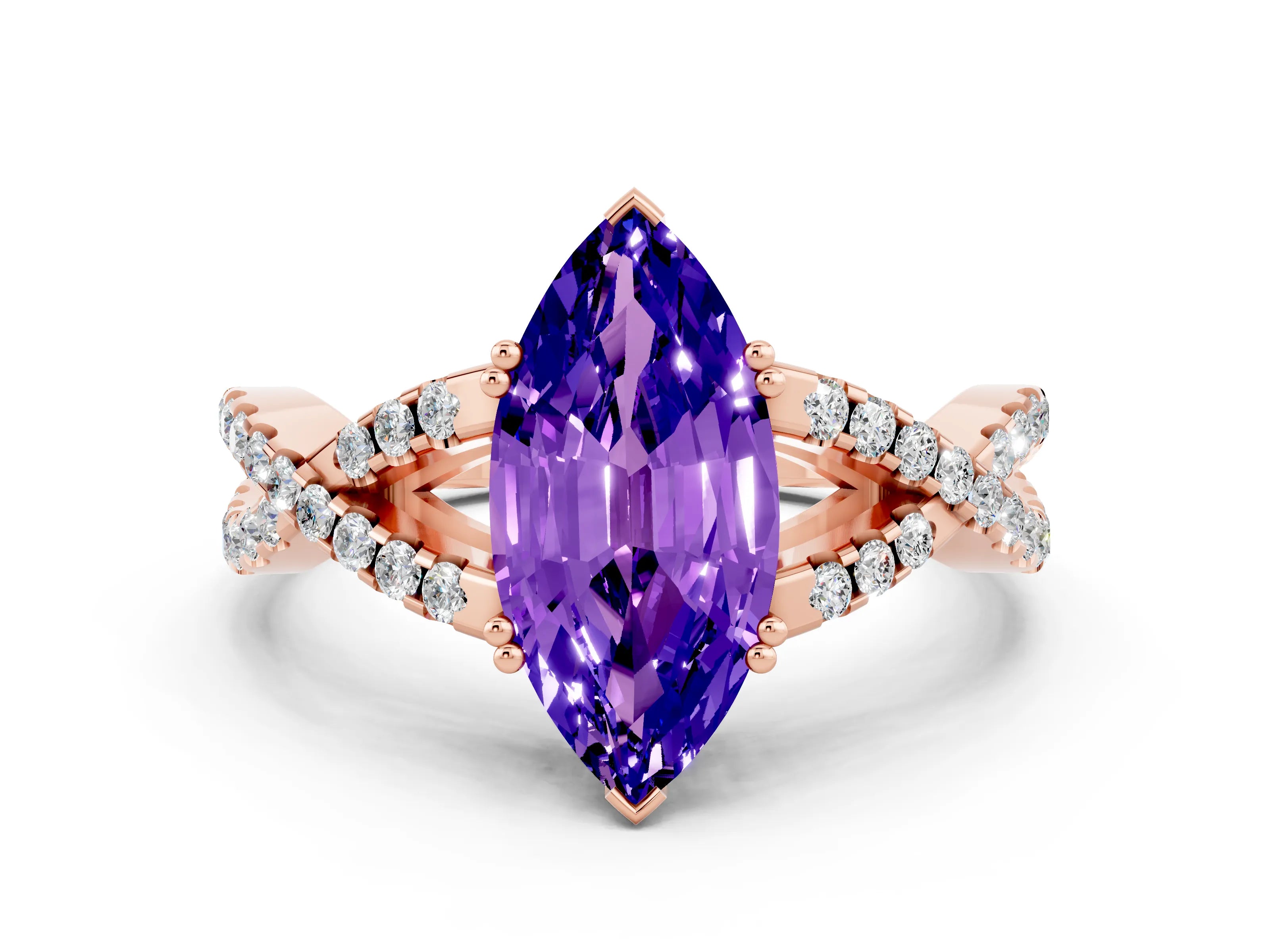 Rose gold Marquise Cut Tanzanite Solitaire Ring with Four-Prong Setting and Twisted Pavé Band