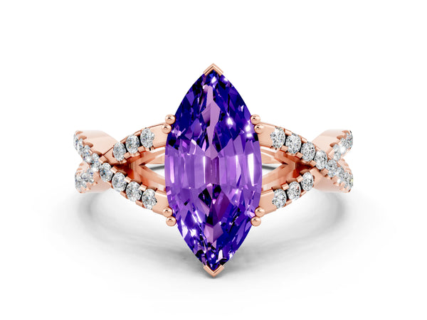 Rose gold Marquise Cut Tanzanite Solitaire Ring with Four-Prong Setting and Twisted Pavé Band