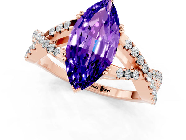 Rose gold Marquise Cut Tanzanite Solitaire Ring with Four-Prong Setting and Twisted Pavé Band