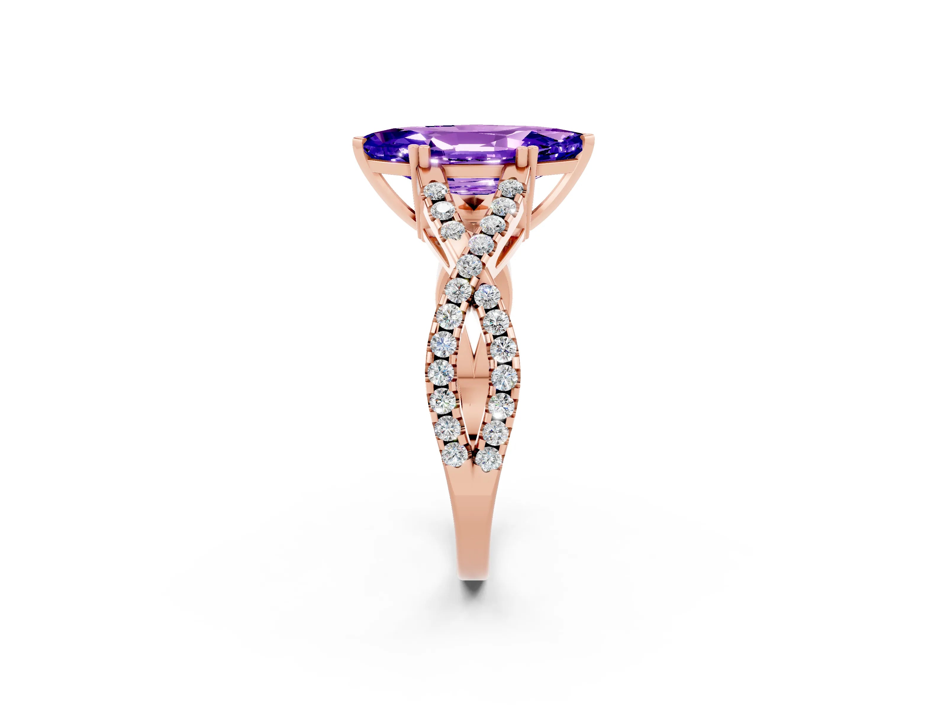 Rose gold Marquise Cut Tanzanite Solitaire Ring with Four-Prong Setting and Twisted Pavé Band_2