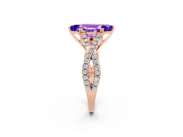 Rose gold Marquise Cut Tanzanite Solitaire Ring with Four-Prong Setting and Twisted Pavé Band