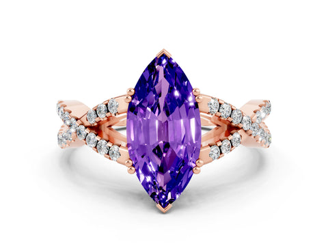 Rose gold Marquise Cut Tanzanite Solitaire Ring with Four-Prong Setting and Twisted Pavé Band