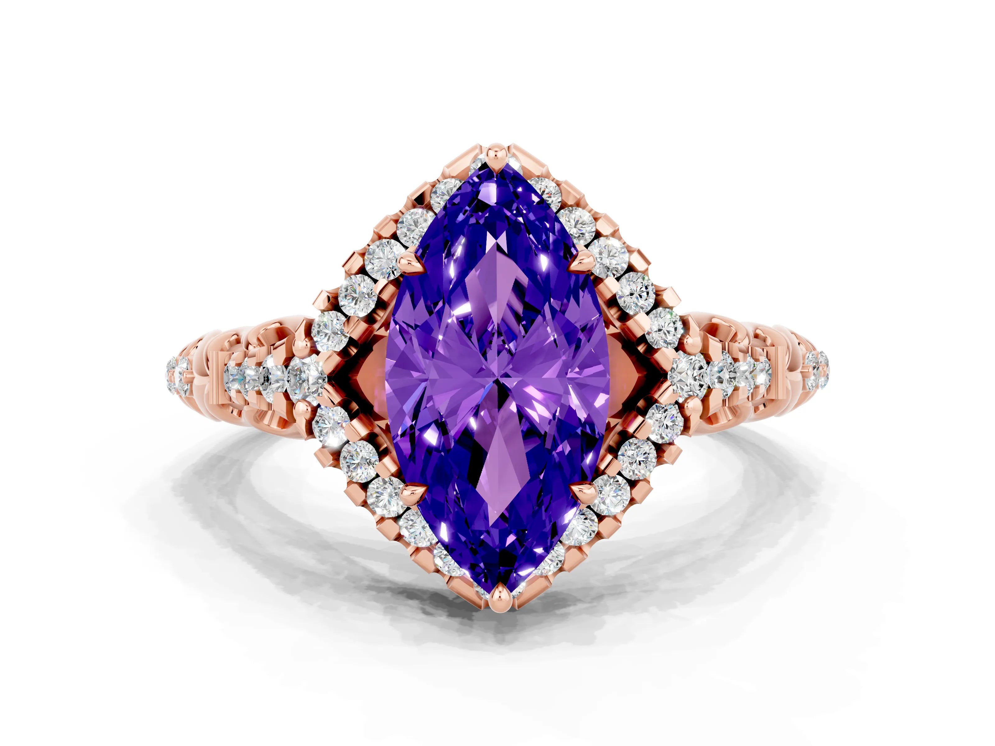 Rose gold Marquise Cut Tanzanite Solitaire Ring with Hidden Halo and Pavé Band_12