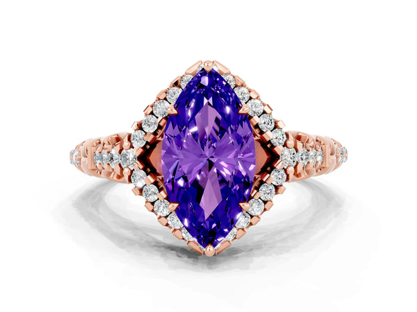 Rose gold Marquise Cut Tanzanite Solitaire Ring with Hidden Halo and Pavé Band