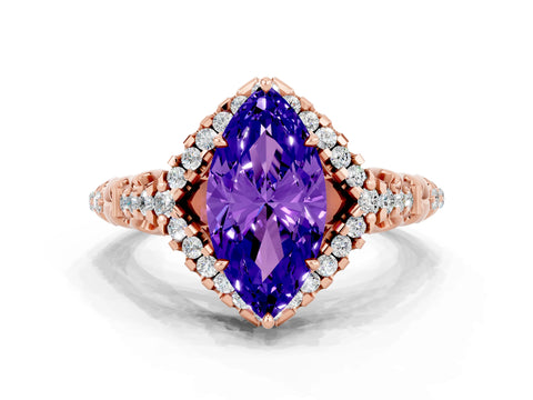 Rose gold Marquise Cut Tanzanite Solitaire Ring with Hidden Halo and Pavé Band_12