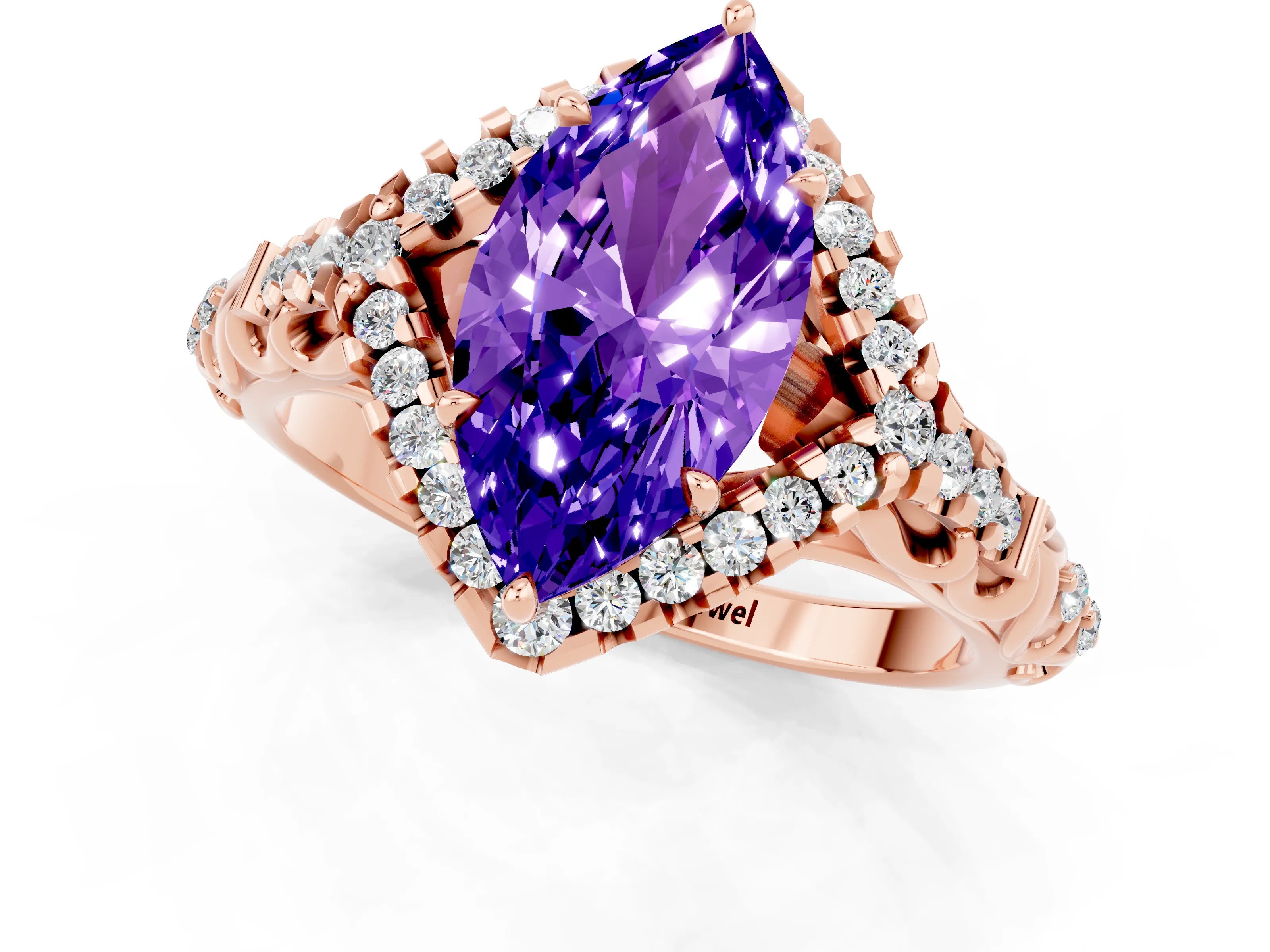 Rose gold Marquise Cut Tanzanite Solitaire Ring with Hidden Halo and Pavé Band_13