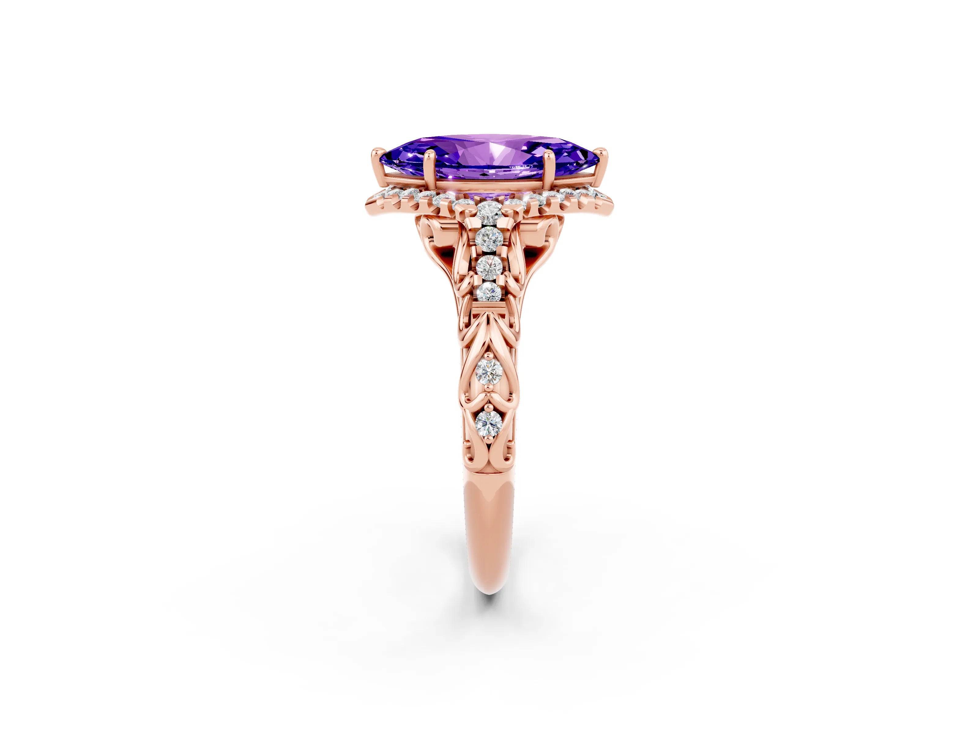 Rose gold Marquise Cut Tanzanite Solitaire Ring with Hidden Halo and Pavé Band_14