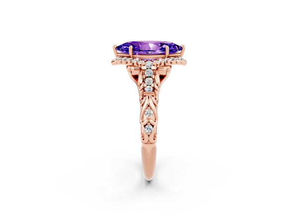 Rose gold Marquise Cut Tanzanite Solitaire Ring with Hidden Halo and Pavé Band