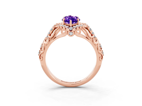 Rose gold Marquise Cut Tanzanite Solitaire Ring with Hidden Halo and Pavé Band