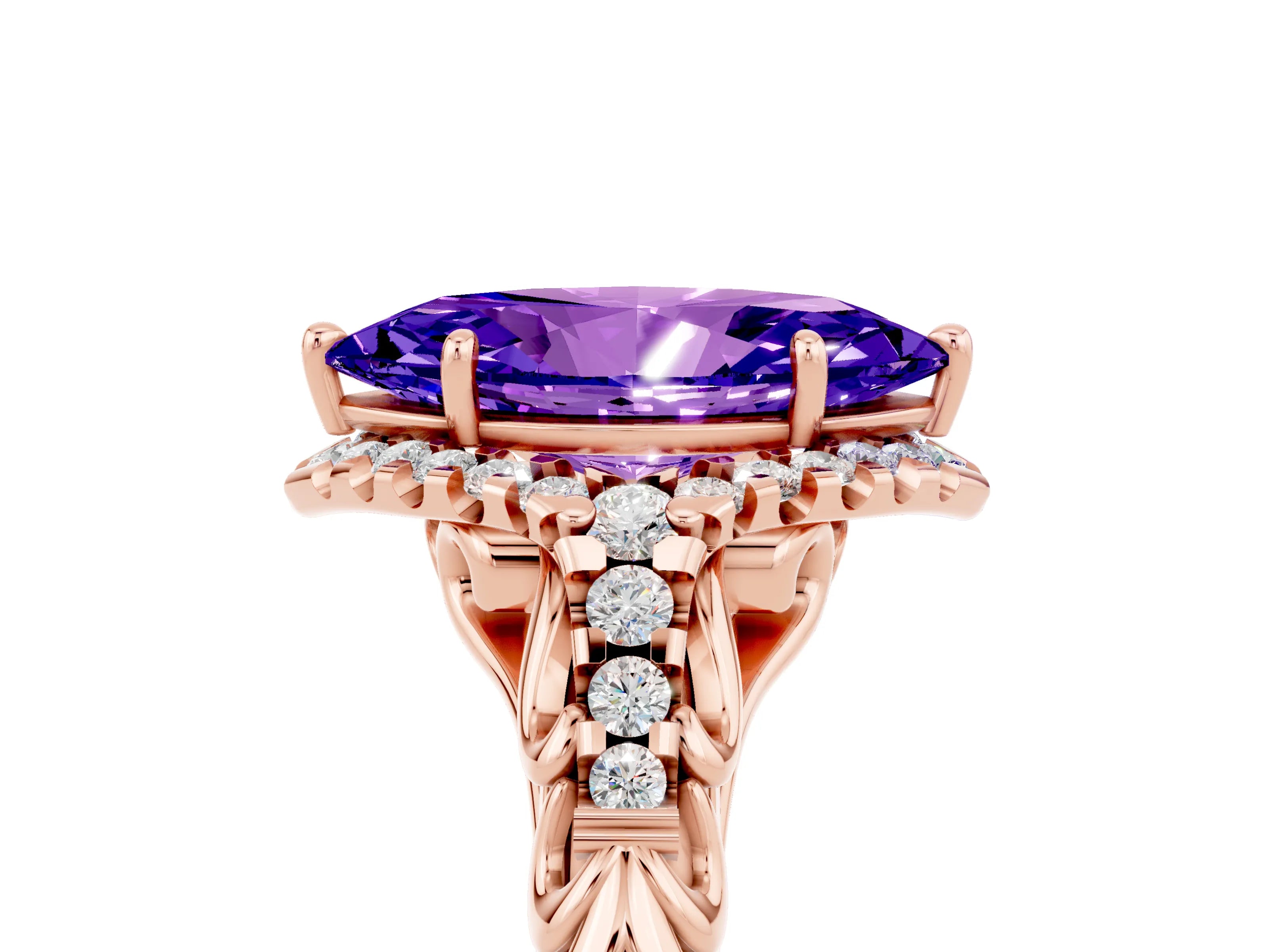 Rose gold Marquise Cut Tanzanite Solitaire Ring with Hidden Halo and Pavé Band_17