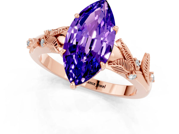 Rose gold Marquise Cut Tanzanite Solitaire Ring with Leaf Motif Band and Four-Prong Setting