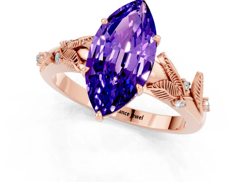 Rose gold Marquise Cut Tanzanite Solitaire Ring with Leaf Motif Band and Four-Prong Setting_1