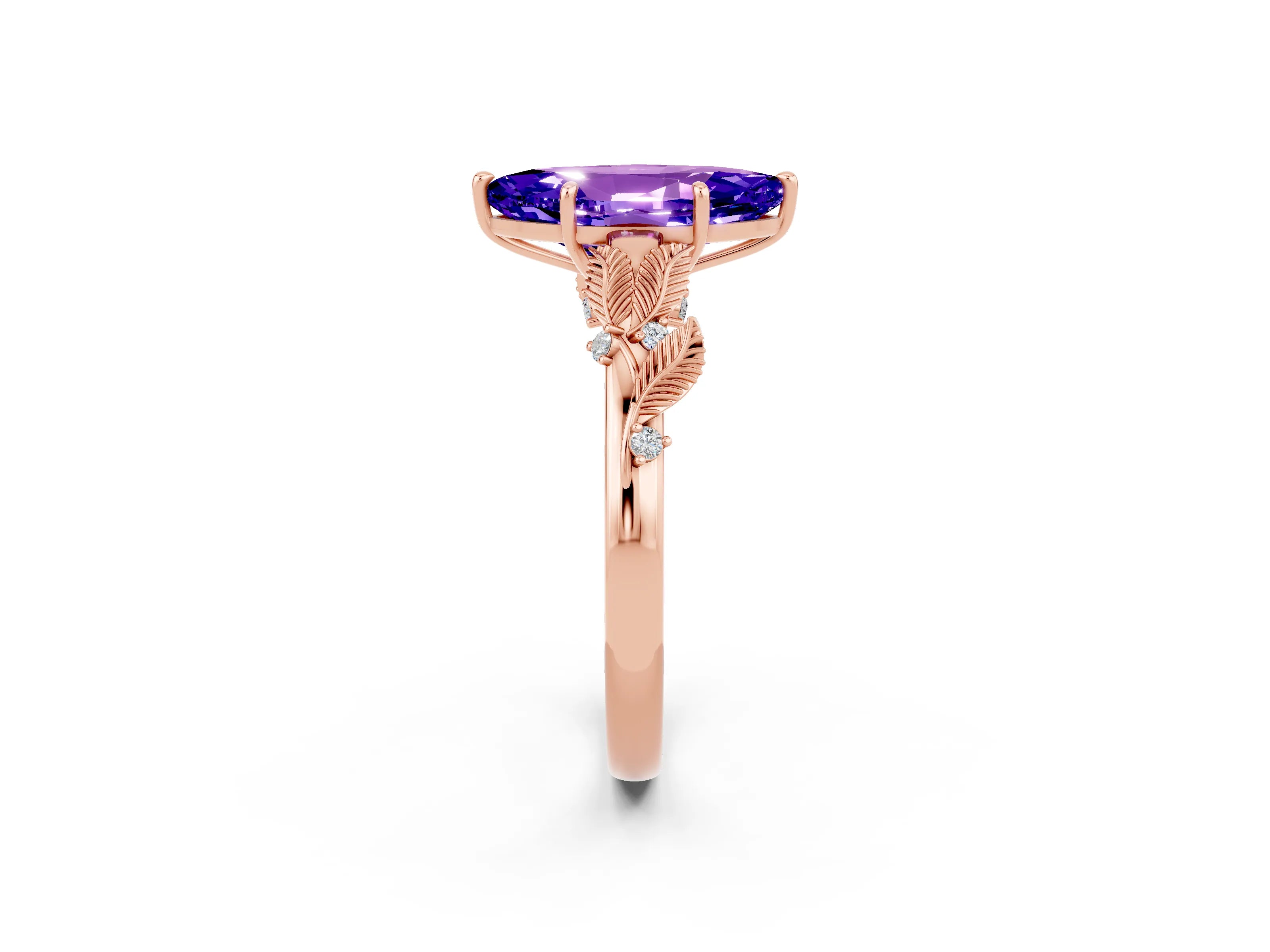 Rose gold Marquise Cut Tanzanite Solitaire Ring with Leaf Motif Band and Four-Prong Setting_2