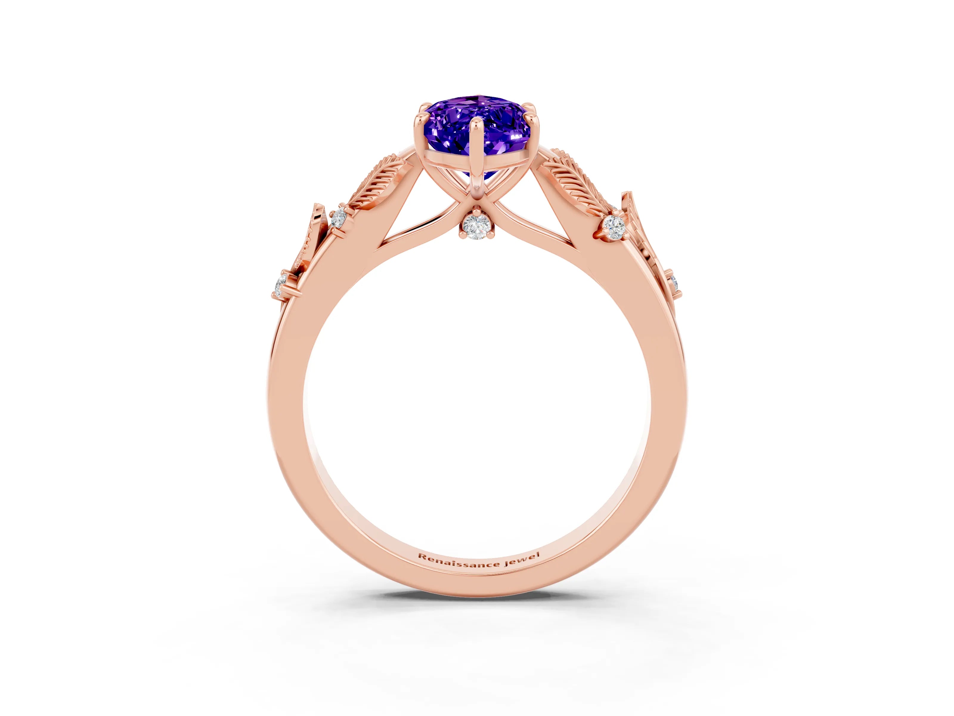 Rose gold Marquise Cut Tanzanite Solitaire Ring with Leaf Motif Band and Four-Prong Setting_3