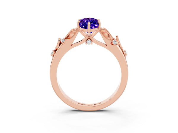 Rose gold Marquise Cut Tanzanite Solitaire Ring with Leaf Motif Band and Four-Prong Setting