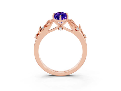 Rose gold Marquise Cut Tanzanite Solitaire Ring with Leaf Motif Band and Four-Prong Setting_3