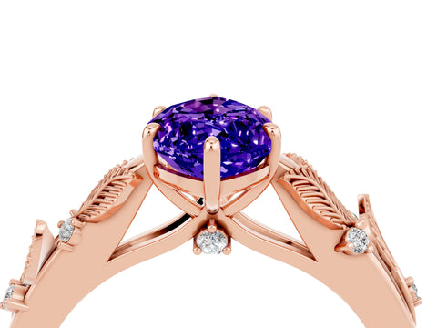 Rose gold Marquise Cut Tanzanite Solitaire Ring with Leaf Motif Band and Four-Prong Setting_4