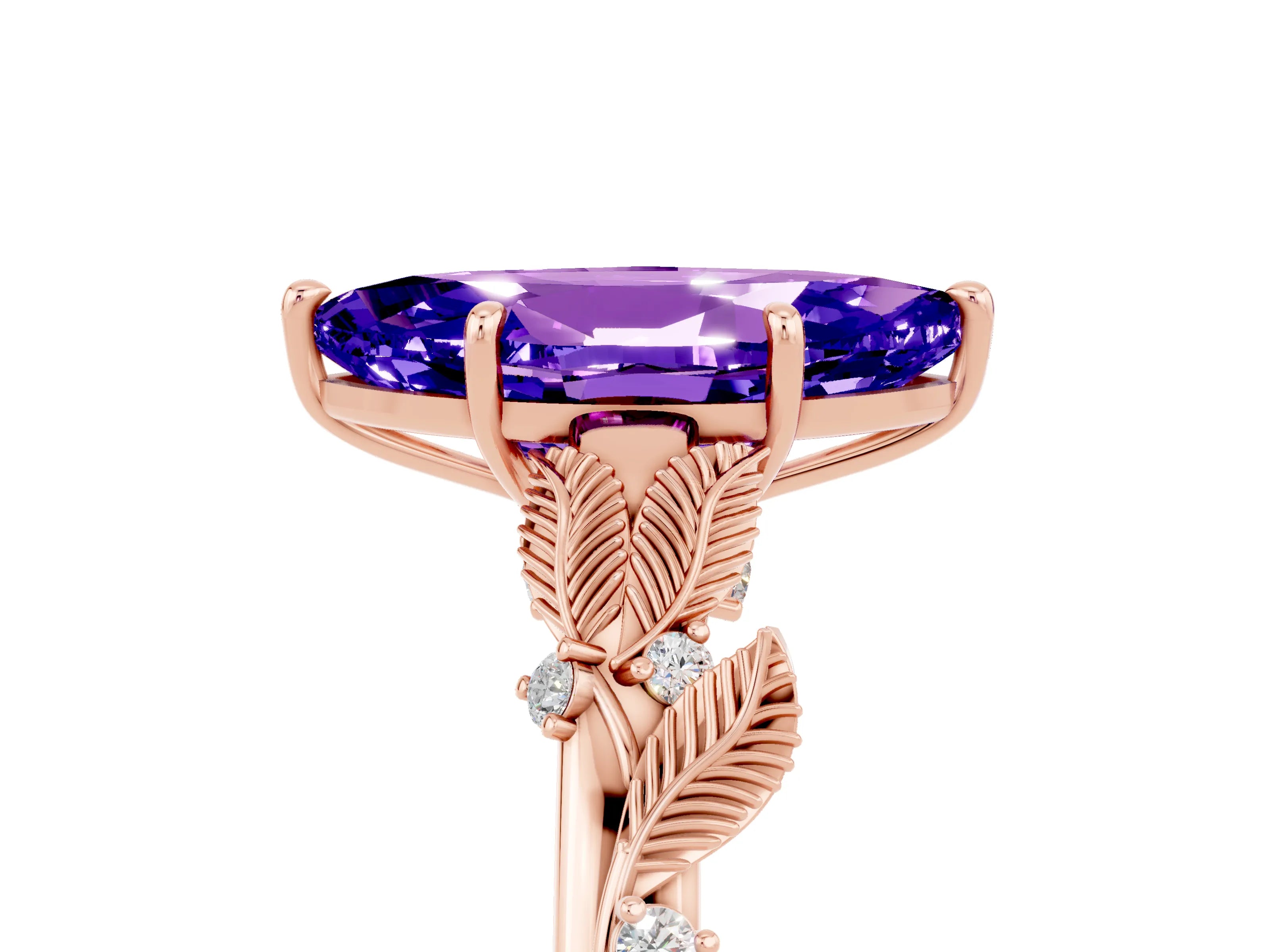 Rose gold Marquise Cut Tanzanite Solitaire Ring with Leaf Motif Band and Four-Prong Setting_5