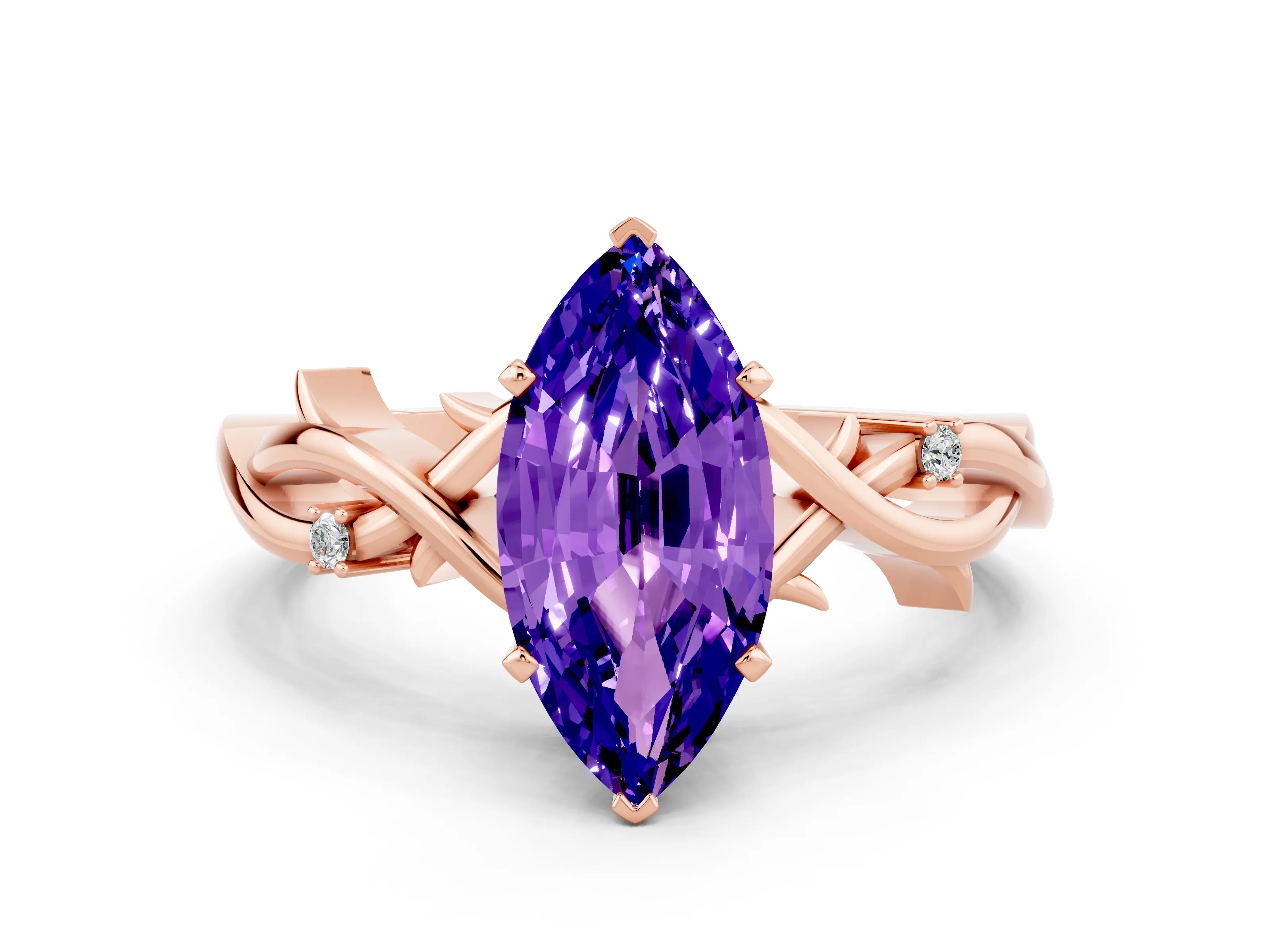 Rose gold Marquise Cut Tanzanite Solitaire Ring with Milgrain Pavé Band and Four-Prong Setting_12
