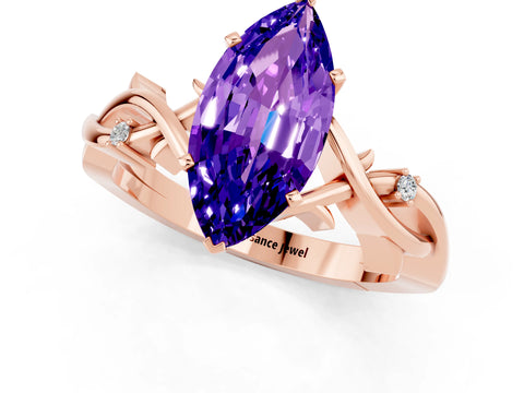 Rose gold Marquise Cut Tanzanite Solitaire Ring with Milgrain Pavé Band and Four-Prong Setting_13