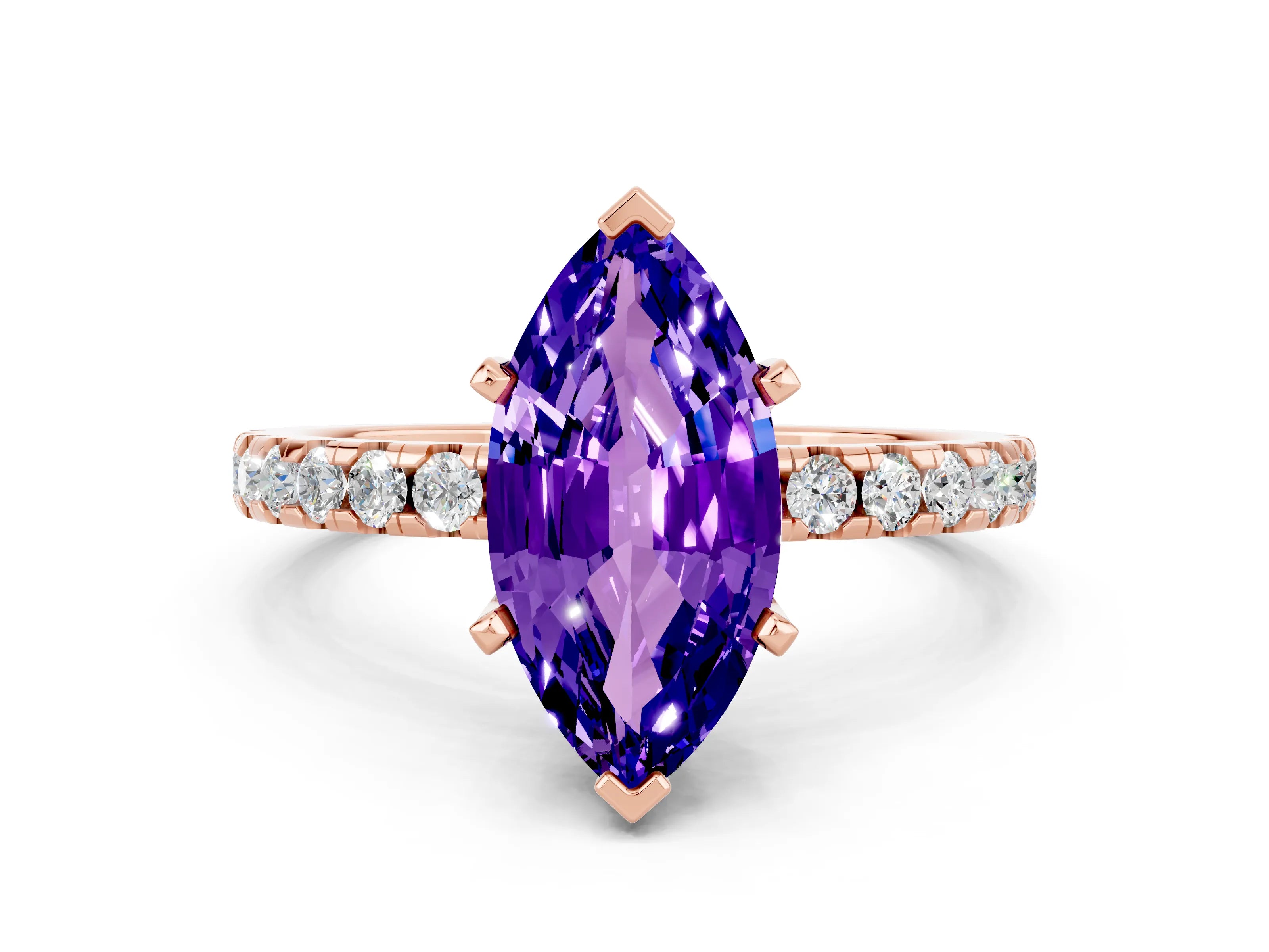 Rose gold Marquise Cut Tanzanite Solitaire Ring with Pavé Band and Four-Prong Setting_24