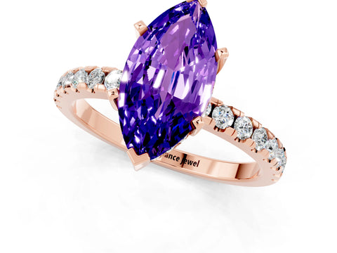 Rose gold Marquise Cut Tanzanite Solitaire Ring with Pavé Band and Four-Prong Setting_25
