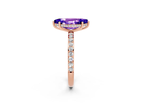 Rose gold Marquise Cut Tanzanite Solitaire Ring with Pavé Band and Hidden Halo