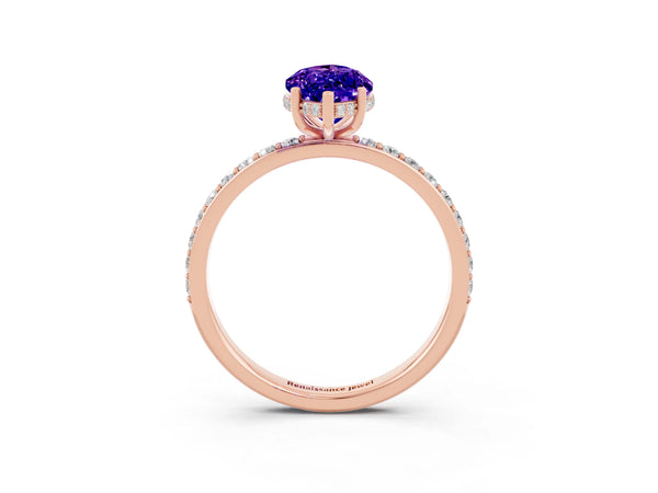 Rose gold Marquise Cut Tanzanite Solitaire Ring with Pavé Band and Hidden Halo