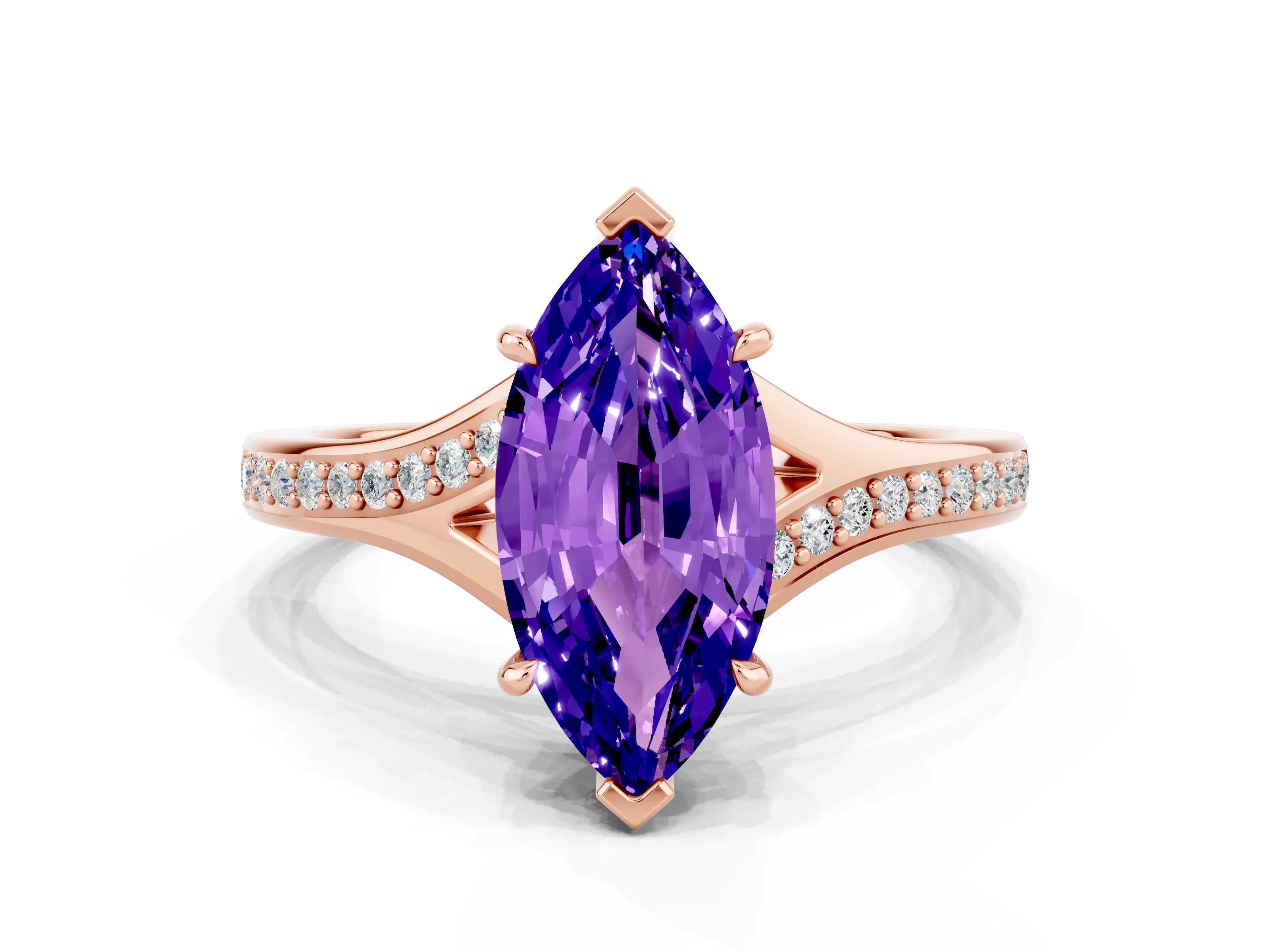 Rose gold Marquise Cut Tanzanite Solitaire Ring with Pavé Band and Prong Setting