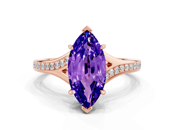 Rose gold Marquise Cut Tanzanite Solitaire Ring with Pavé Band and Prong Setting
