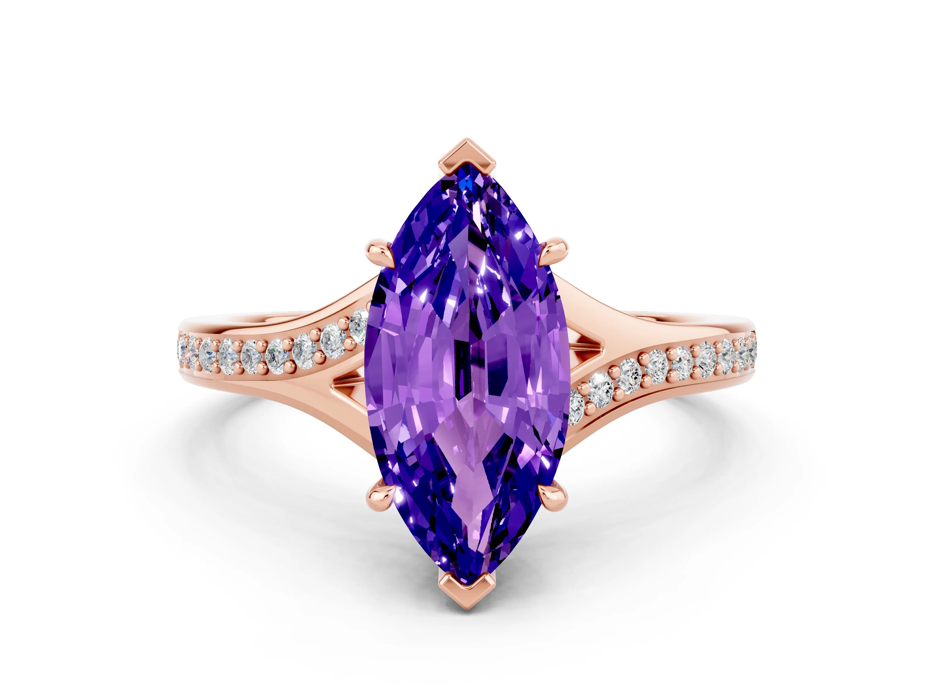 Rose gold Marquise Cut Tanzanite Solitaire Ring with Pavé Band and Prong Setting_12