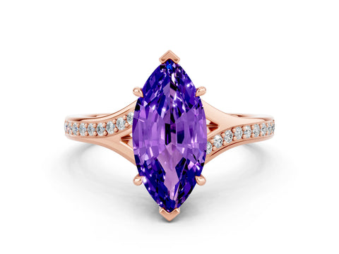 Rose gold Marquise Cut Tanzanite Solitaire Ring with Pavé Band and Prong Setting_12