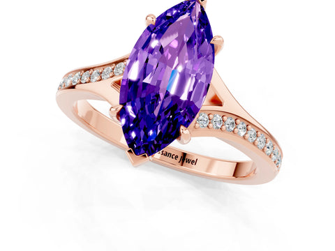 Rose gold Marquise Cut Tanzanite Solitaire Ring with Pavé Band and Prong Setting_13