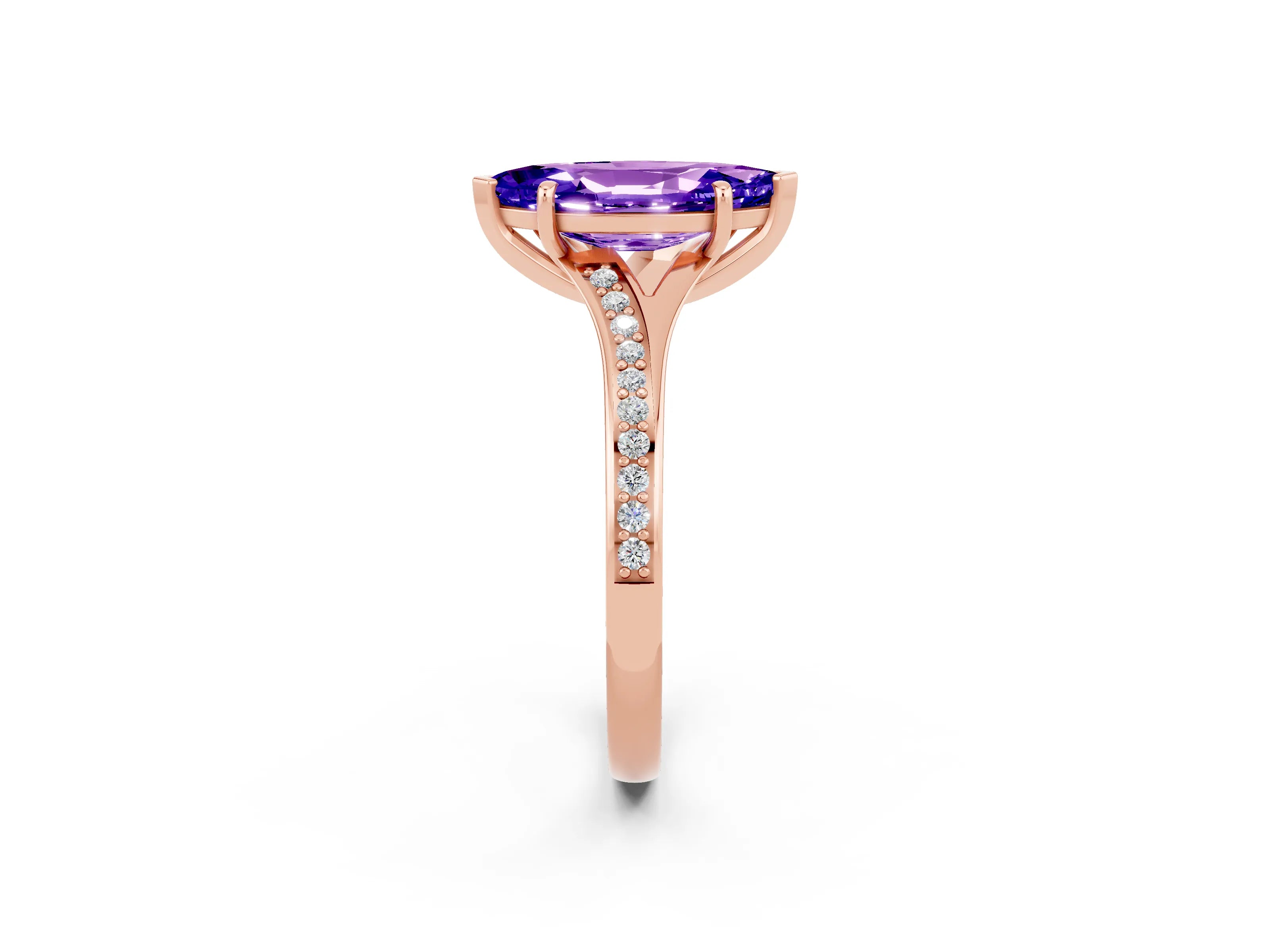 Rose gold Marquise Cut Tanzanite Solitaire Ring with Pavé Band and Prong Setting_14
