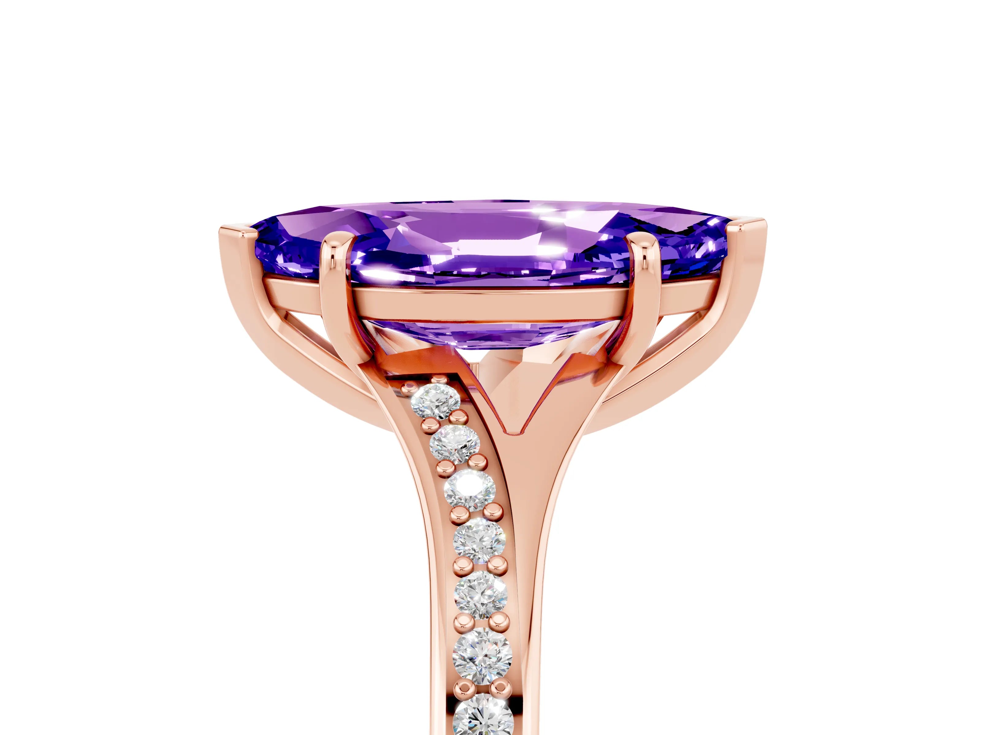 Rose gold Marquise Cut Tanzanite Solitaire Ring with Pavé Band and Prong Setting_17