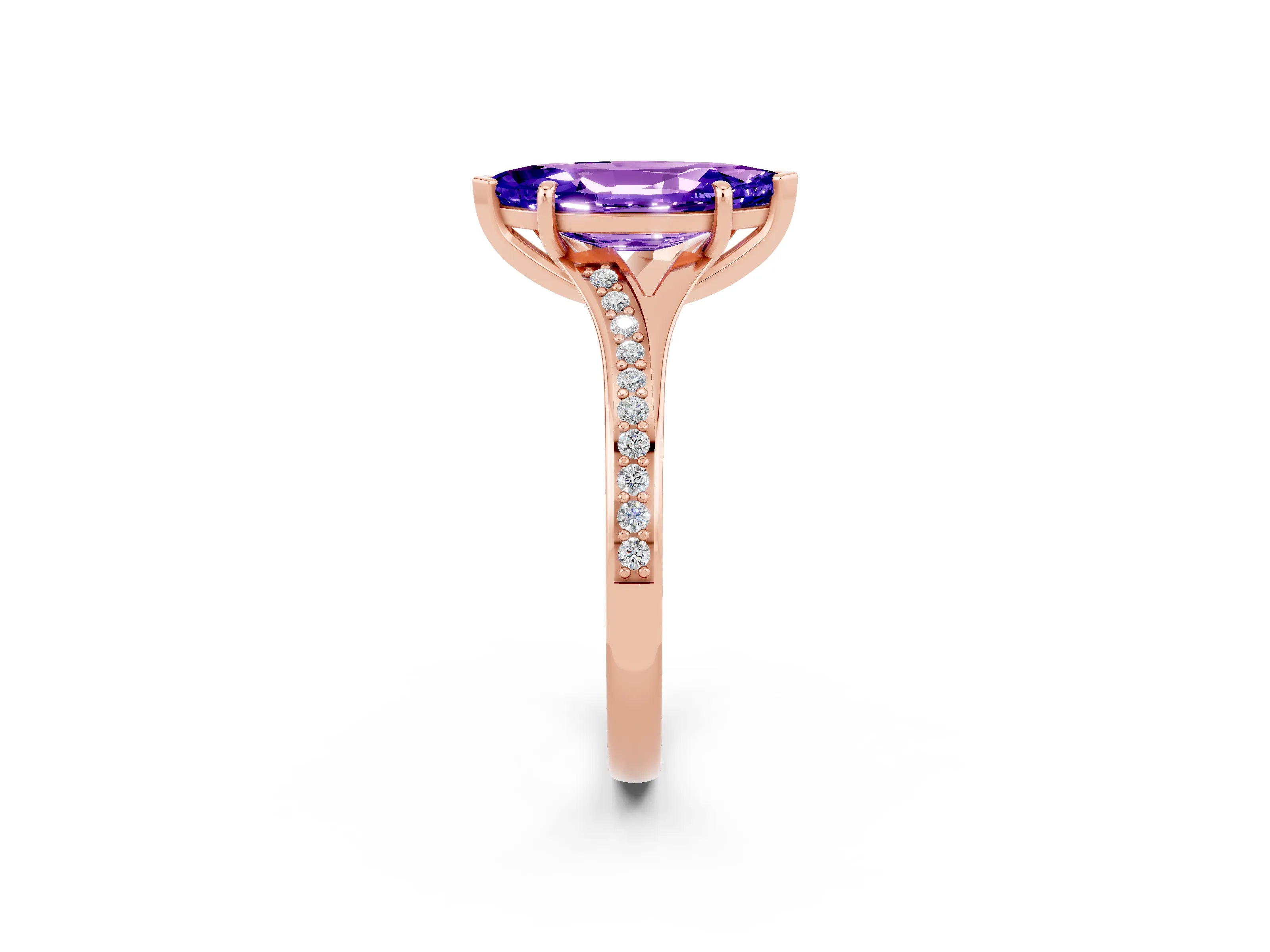 Rose gold Marquise Cut Tanzanite Solitaire Ring with Pavé Band and Prong Setting_2